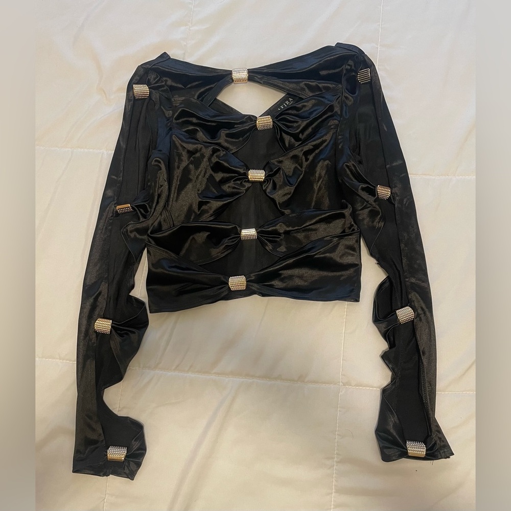 AKIRA Black Satin Cutout Crop Top with Shine